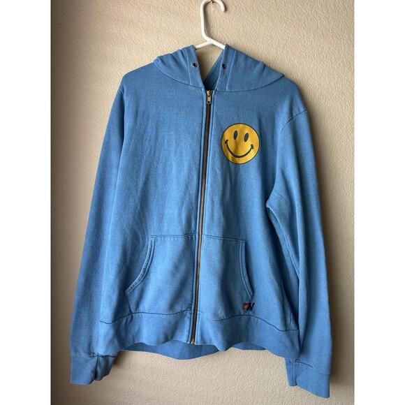 Aviator Nation Classic Smiley Face Hoodie Hoody Blue Sweatshirt